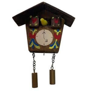 Vintage Handmade Hand Painted Miniature Wood Swiss Cuckoo Clock w Plastic Bird